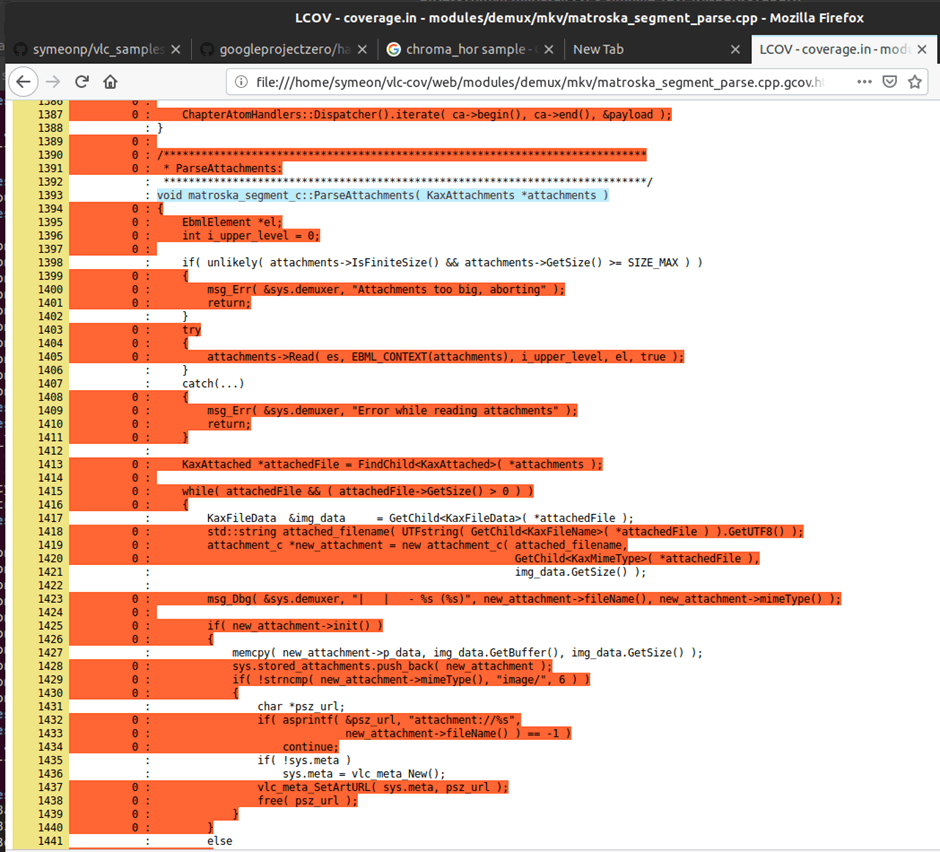 图14:Coverage显示没有执行ParseAttachment代码库 图14:Coverage显示没有执行ParseAttachment代码库