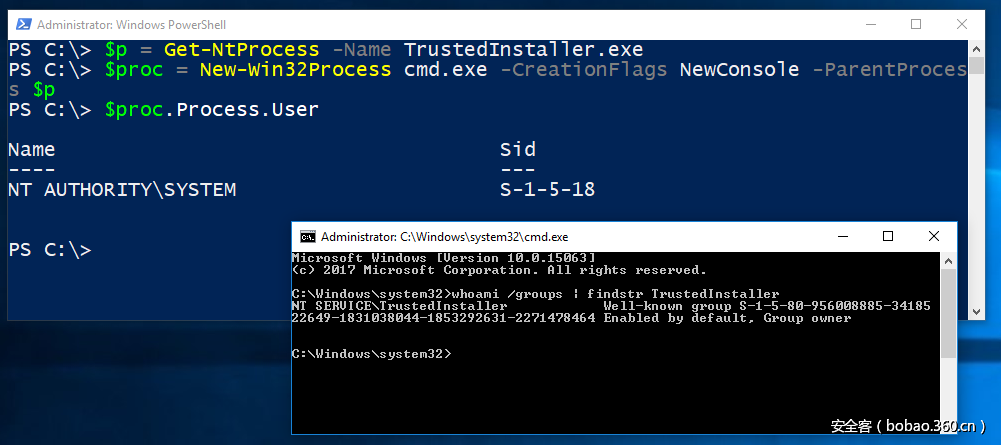 PowerShell window showing successful process creation from parent process
